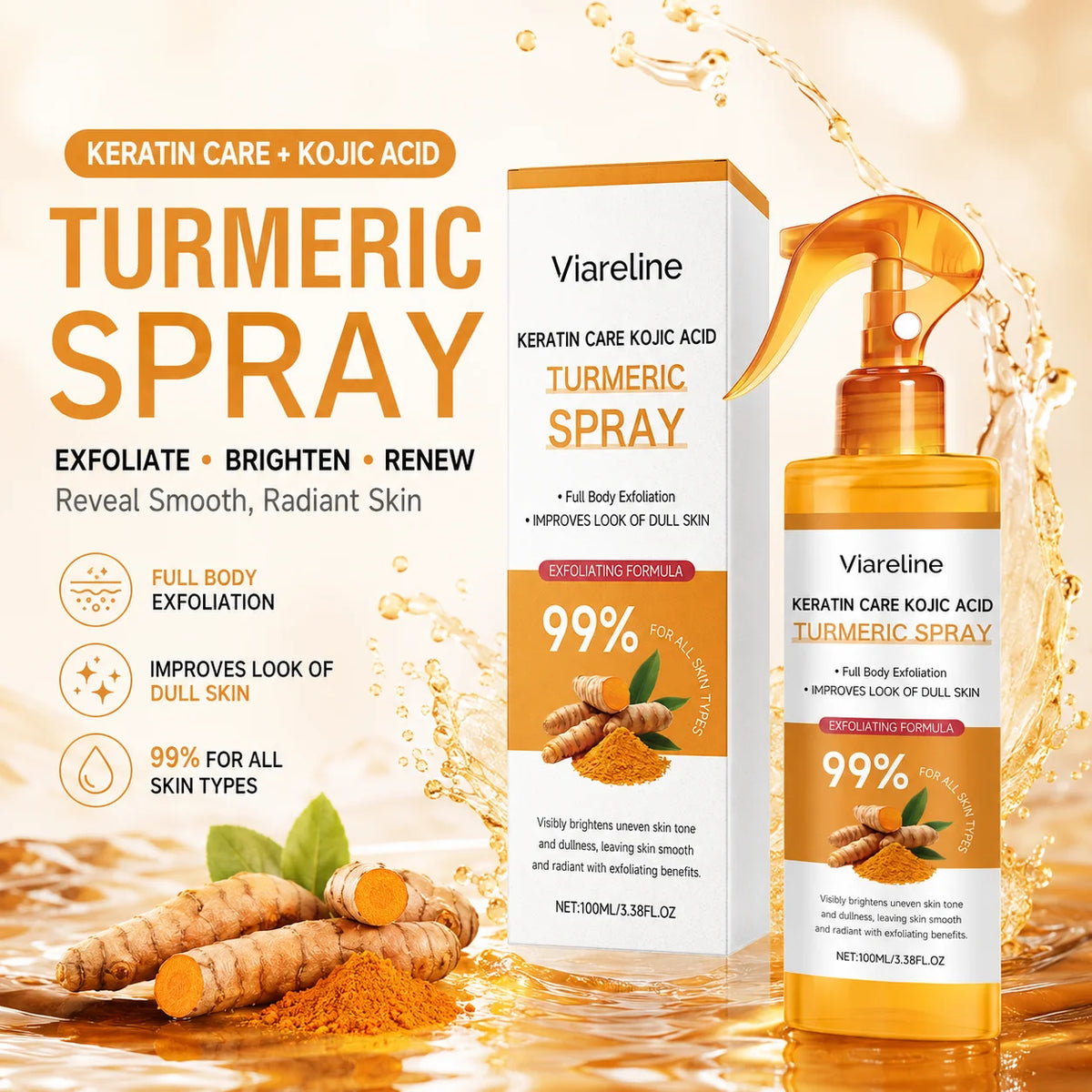 Kojic Acid & Turmeric Brightening Body Spray – Exfoliate, Glow & Even Skin Tone